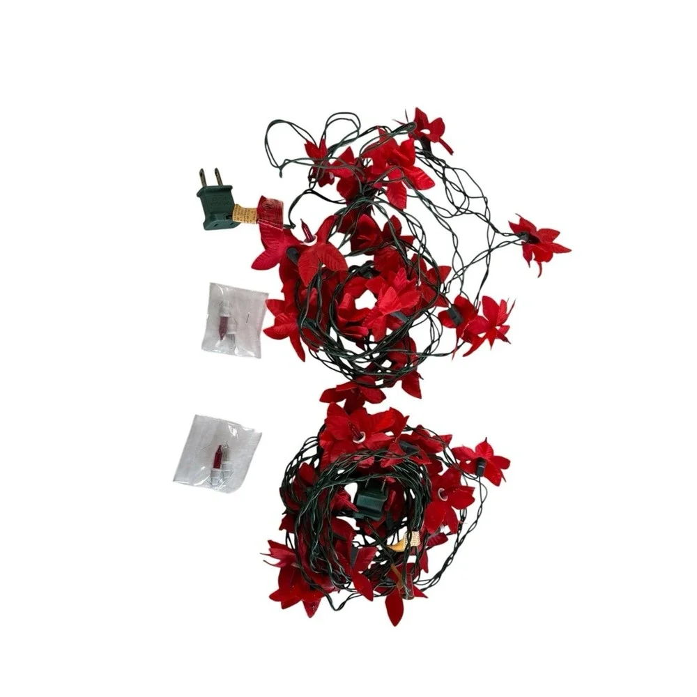 Everglow 20 Light Set Red Poinsettia Christmas Tree Lights Lot of 2 Vintage